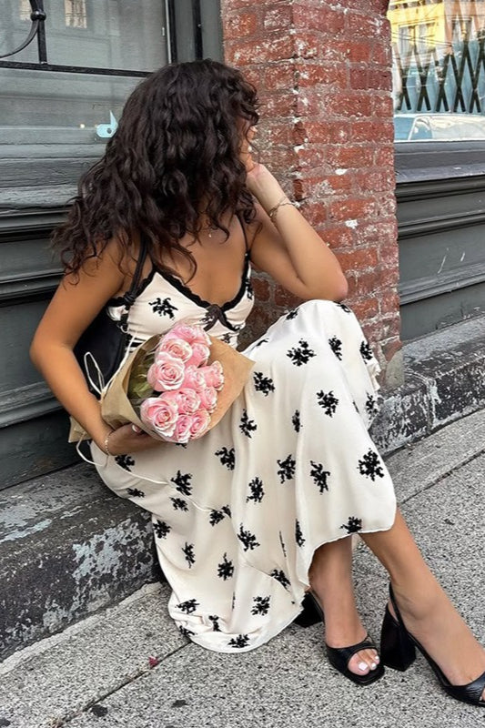 White Spaghetti Strap V Neck Lace Trim Ditsy Floral Print Slip Maxi Dress 6