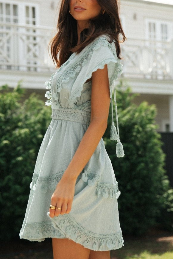 Blue V Neck Swiss Dot Lace Trim Tassel Tiered Flutter Sleeve Mini Dress