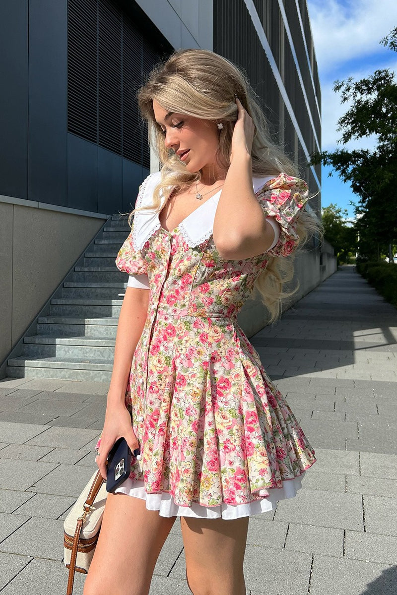 Pink Peter Pan Collar Puff Sleeve Button Front Pleated Ruffle Hem Floral Print Mini Dress 3