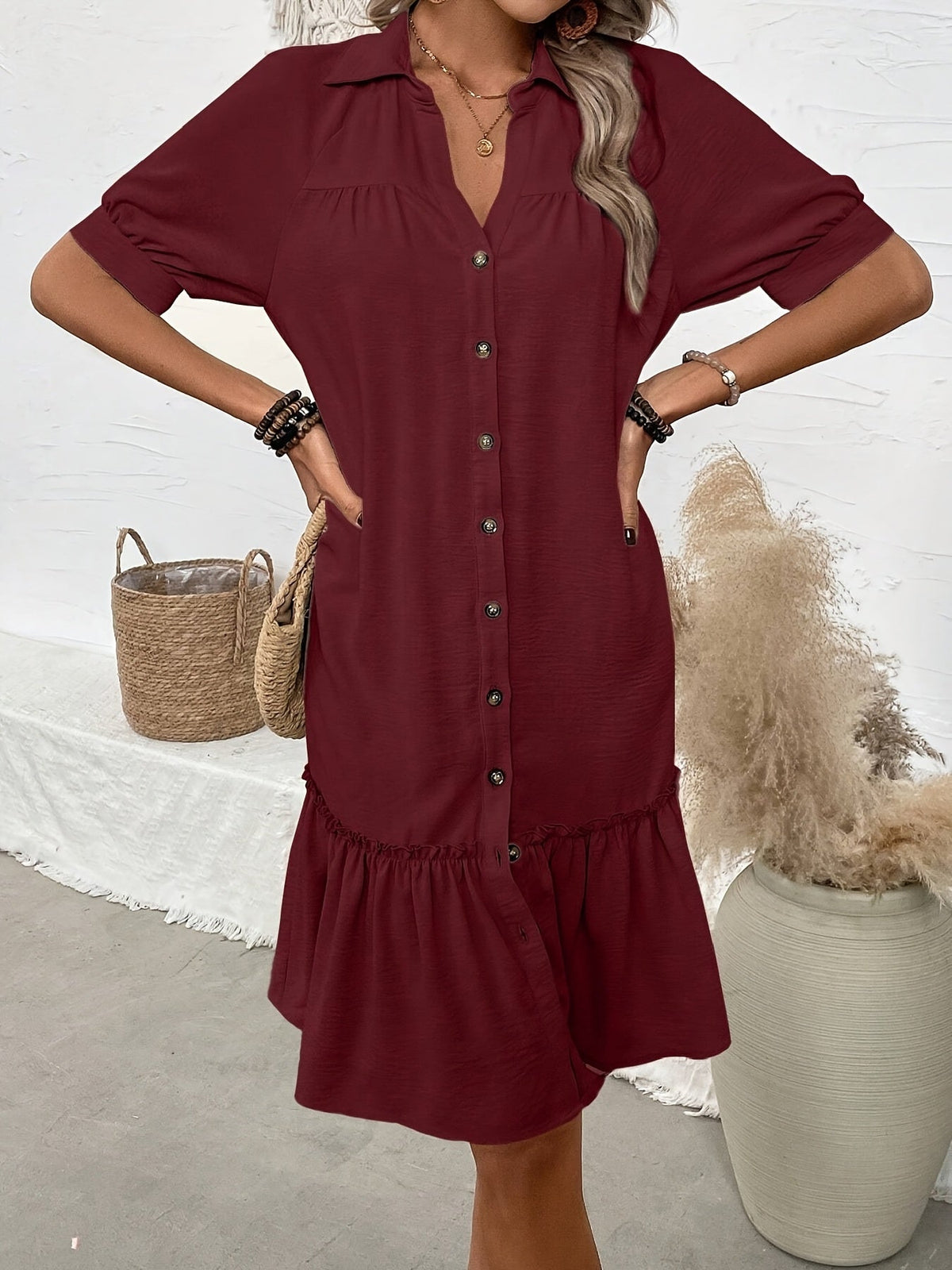 Collared Button Front Short Sleeve Ruffle Hem Shift Mini Dress 8