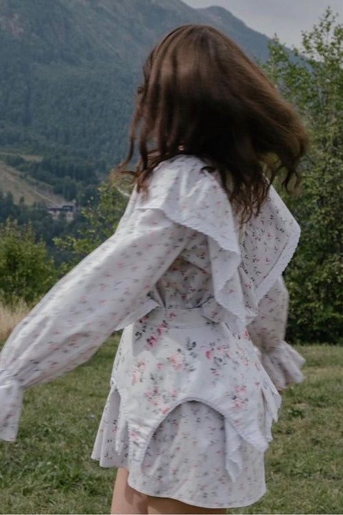 White Long Sleeve Ruffle Trim Detachable Belt Mini Floral Print Dress 4