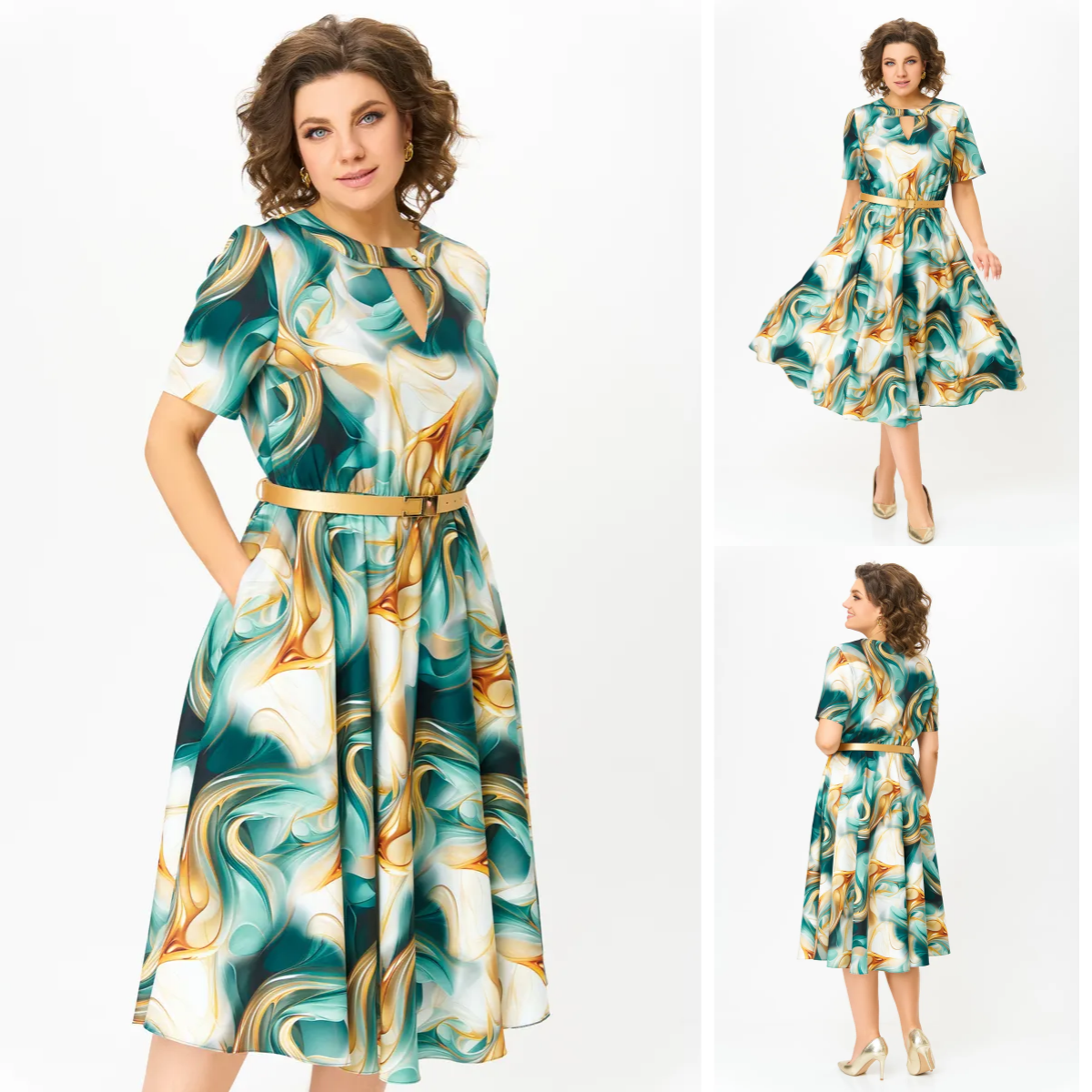 Dark Green Keyhole Neck Short Sleeve Marble Print Belted A-Line Midi Dress