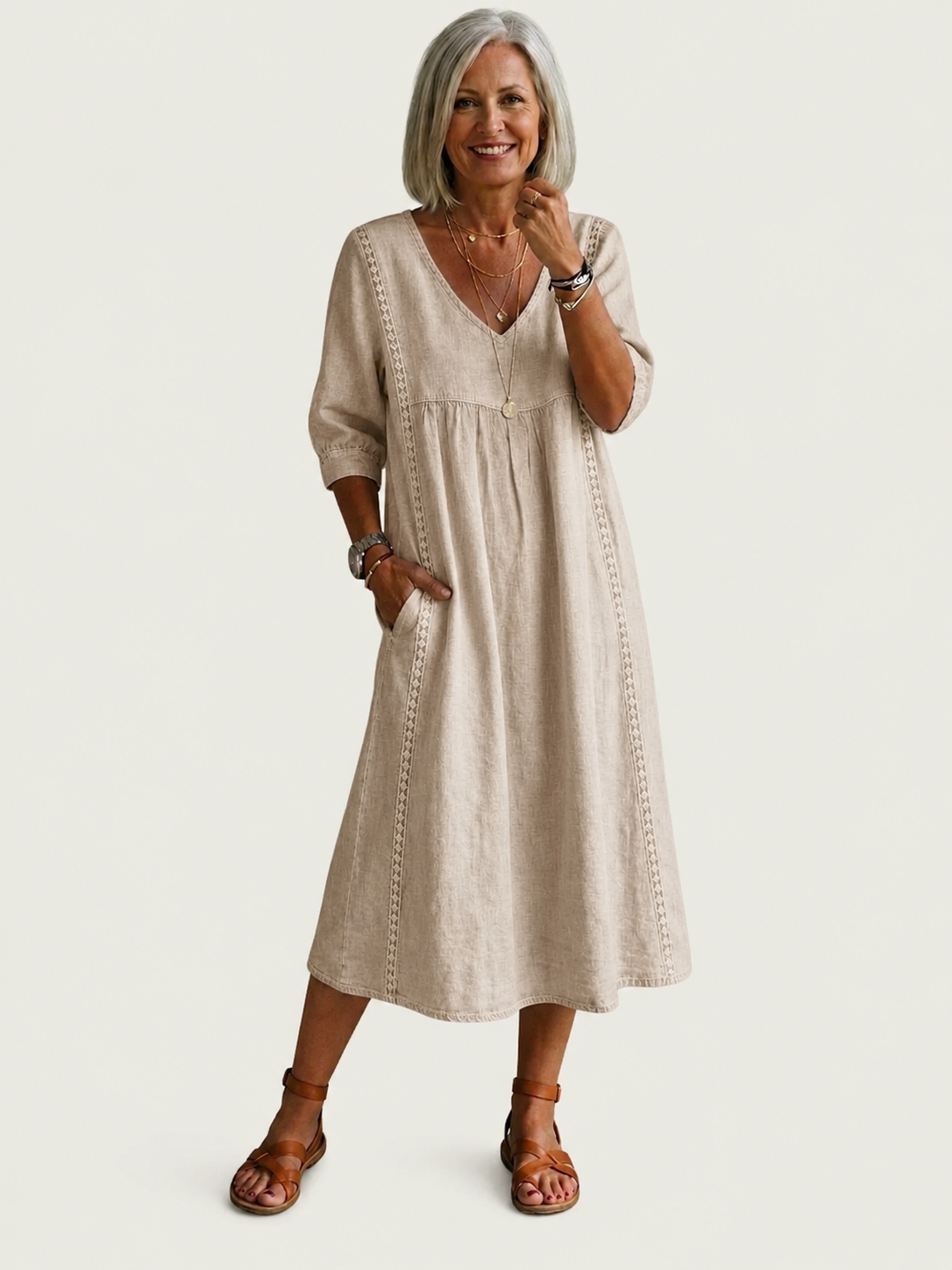 V-Neck Chambray Half Sleeve Crochet Trim Empire Waist Midi Dress 8