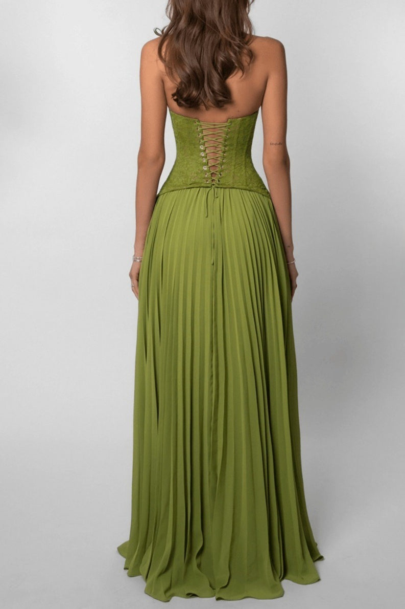 Halter Deep V Neck Lace Bodice Accordion Pleated Maxi Dress 2