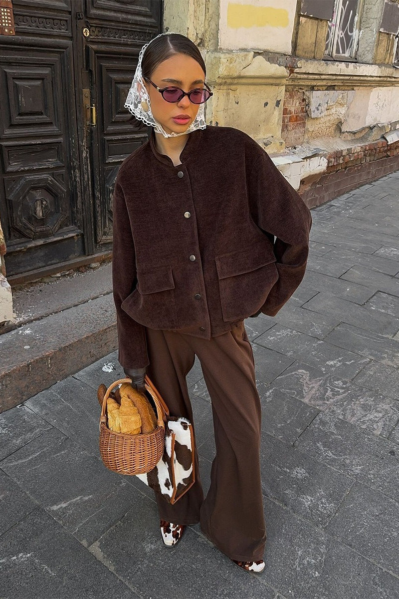 Coffee Corduroy Stand-Collar Loose Jacket