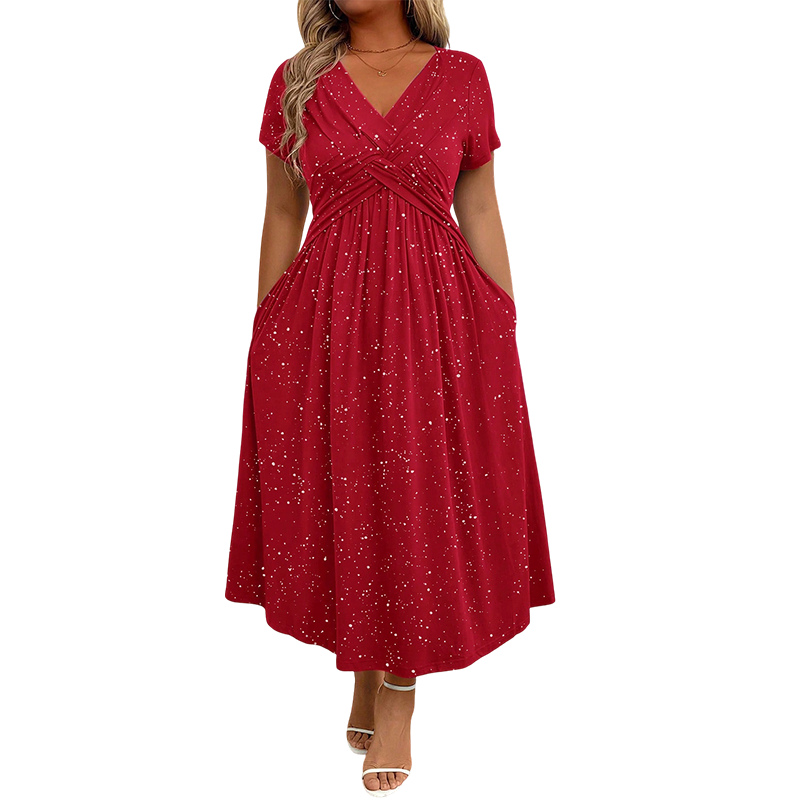 Surplice V-Neck Twist Front Short Sleeve Glitter A-Line Maxi Dress