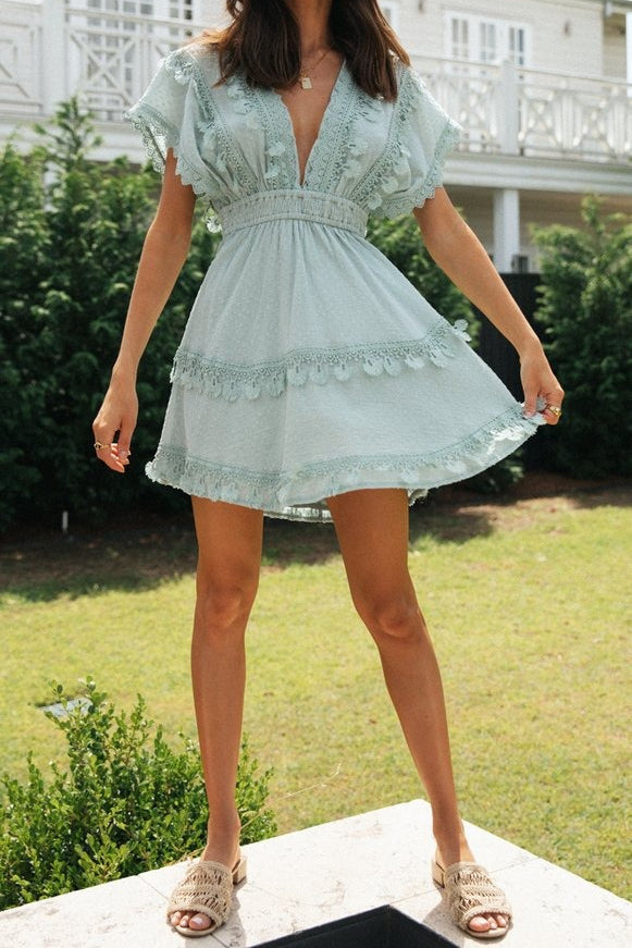 Blue V Neck Swiss Dot Lace Trim Tassel Tiered Flutter Sleeve Mini Dress 7