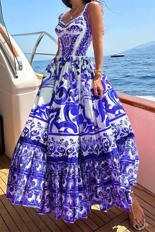 Wide Strap Sweetheart Baroque Print Tiered Ruffle Maxi Dress 5