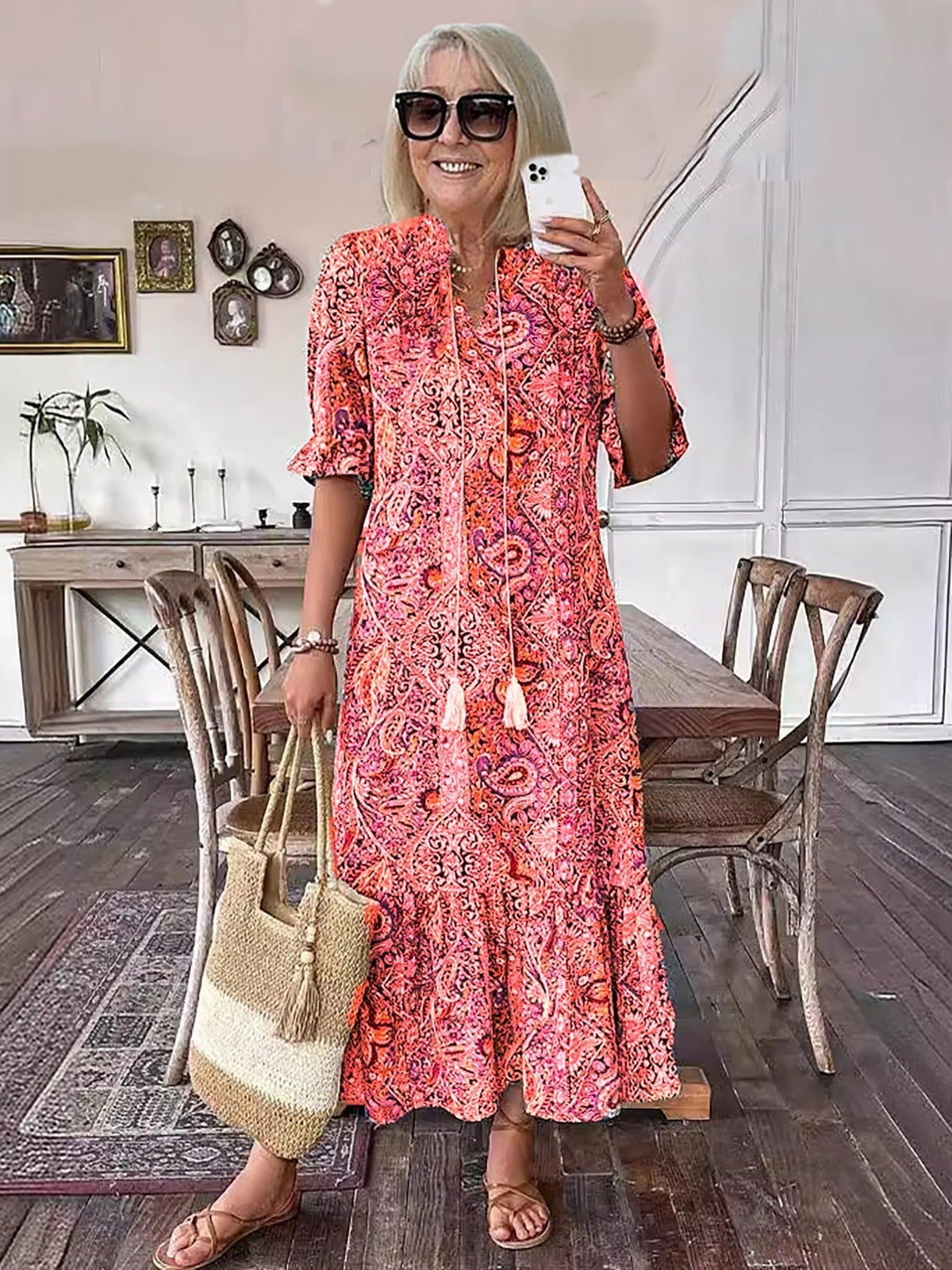Tie Neck Paisley Print Ruffle Sleeve Tiered Boho Maxi Dress