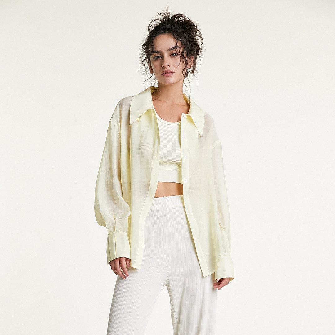 Lemon Chiffon Button-Up Drop Shoulder Oversized Shirt