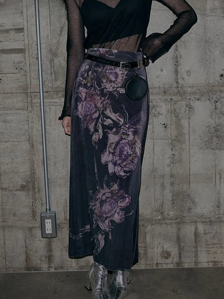 Vintage Floral Print Aesthetic High Waist Skirt PURPLE / S skirt-250126