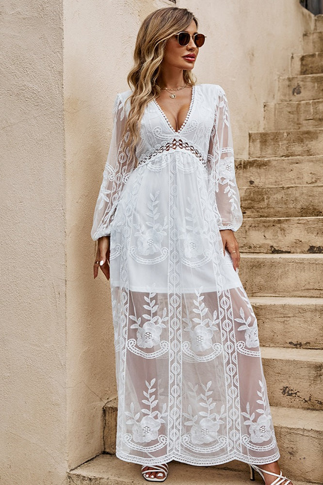 White Deep V Neck Embroidered Mesh Balloon Sleeve Empire Waist Maxi Dress 3