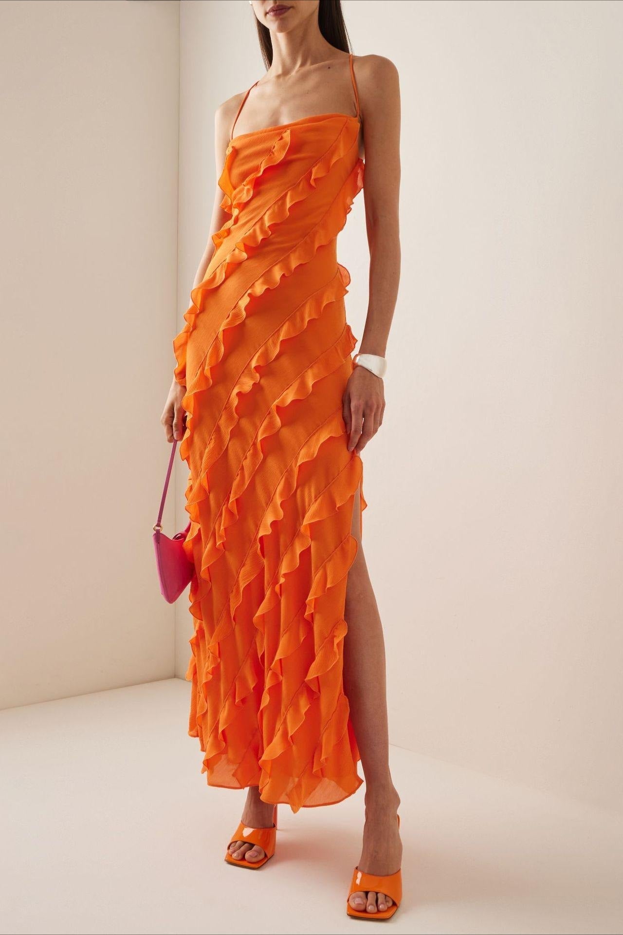 Off Shoulder Ruffle Split Hem Slip Dress