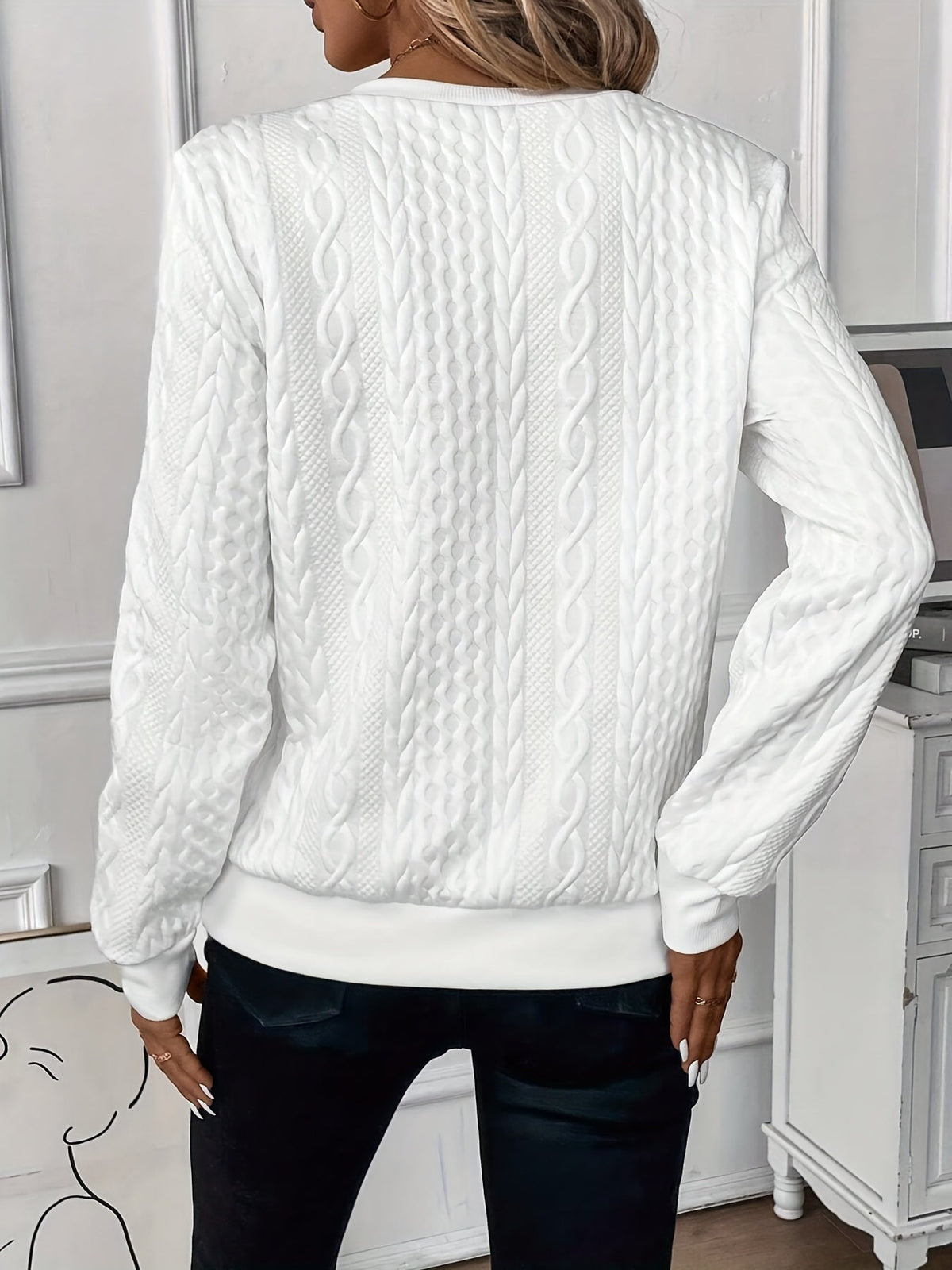 Round Neck Quarter Zip Cable Knit Long Sleeve Sweatshirt 2