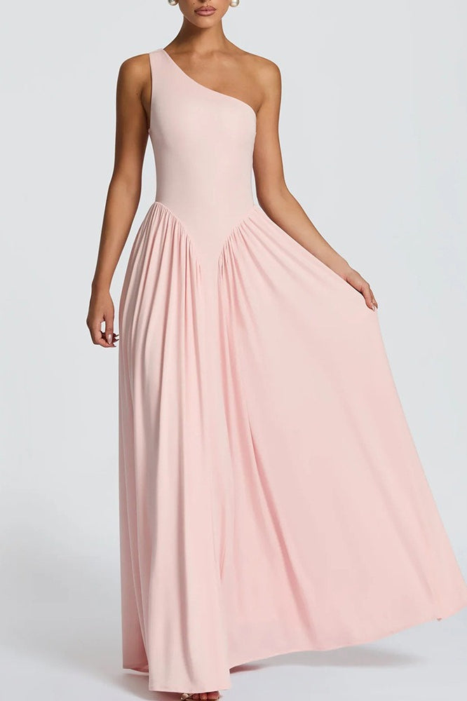 Solid One Shoulder Ruched Maxi A Line Party Dress