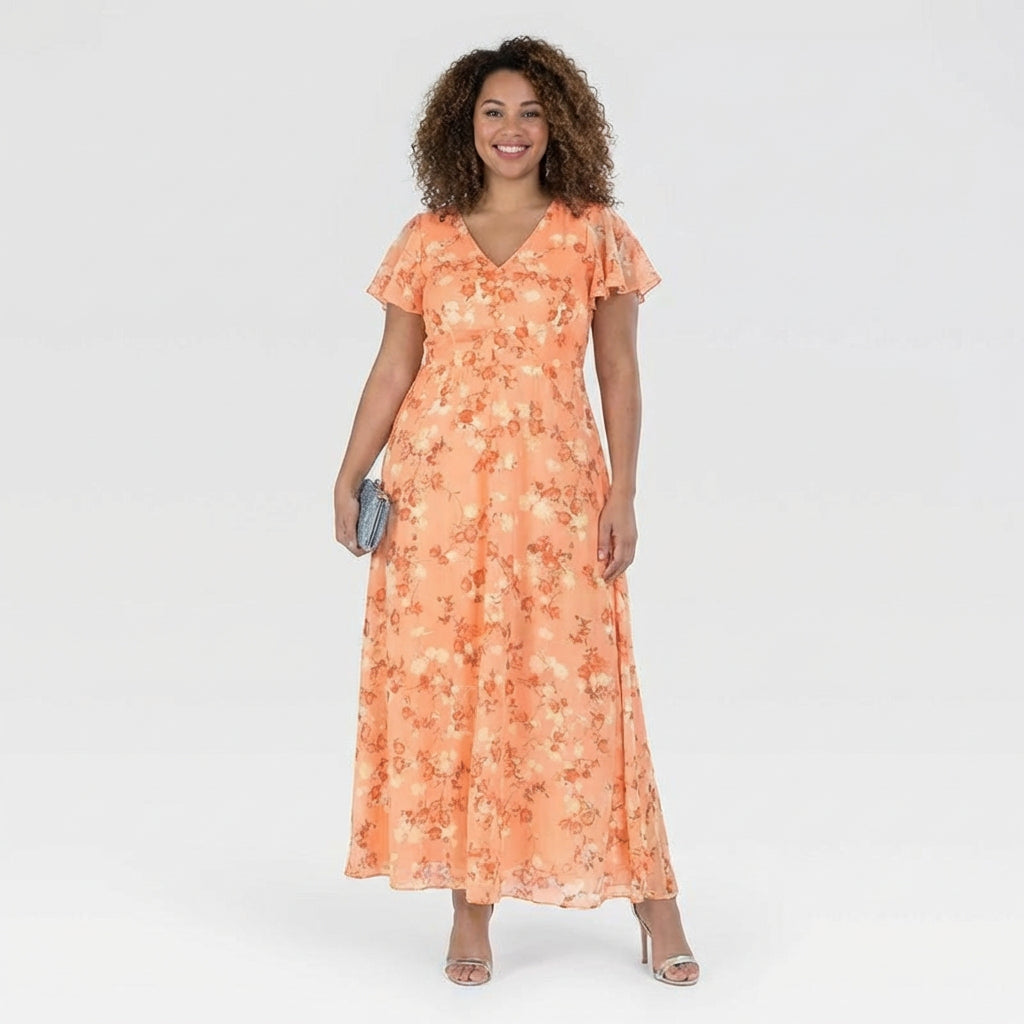 V-Neck Floral Print Chiffon Flutter Sleeve A-Line Maxi Dress 5