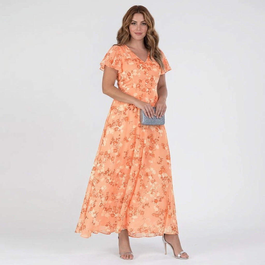 V-Neck Floral Print Chiffon Flutter Sleeve A-Line Maxi Dress 4