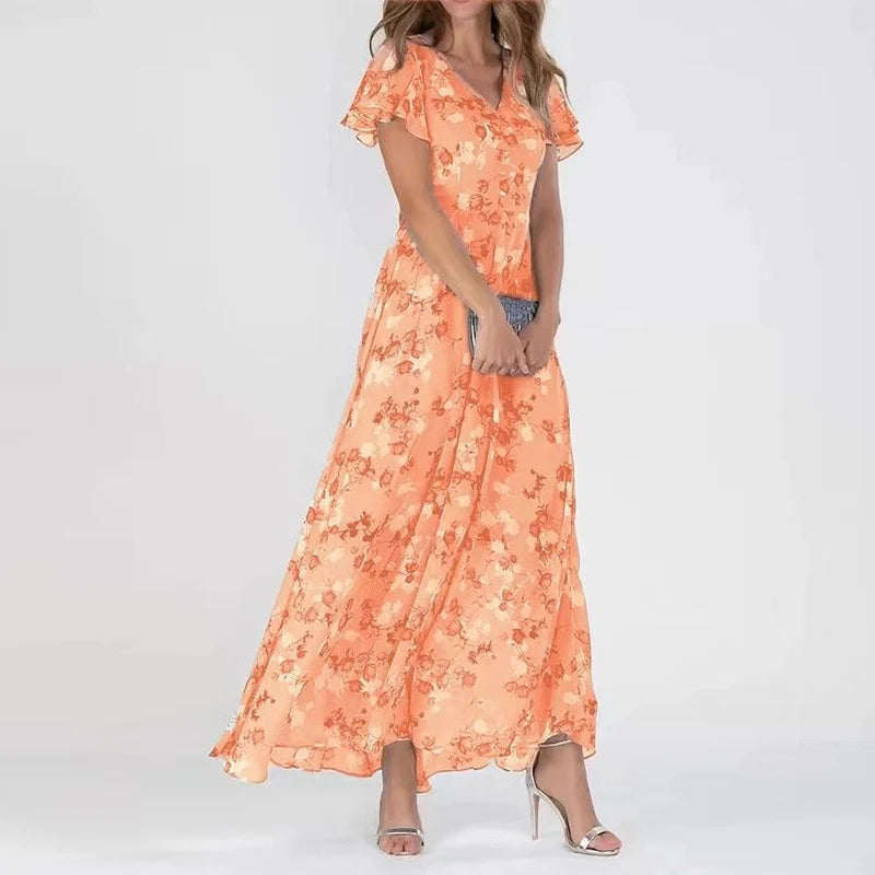 V-Neck Flutter Sleeve Floral Chiffon A-Line Flowy Maxi Dress