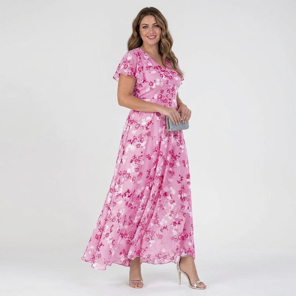 V-Neck Floral Print Chiffon Flutter Sleeve A-Line Maxi Dress 3