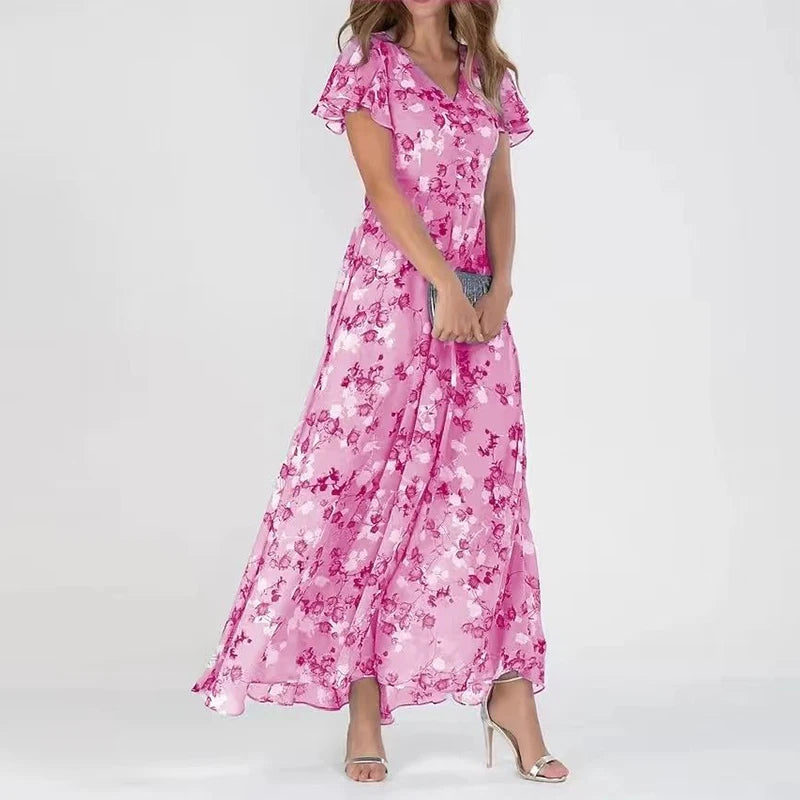V-Neck Flutter Sleeve Floral Chiffon A-Line Flowy Maxi Dress