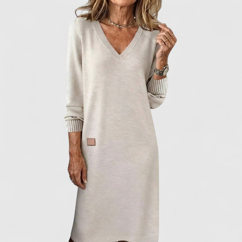 V-Neck Ribbed Cuff Long Sleeve Sweatshirt Shift Midi Dress