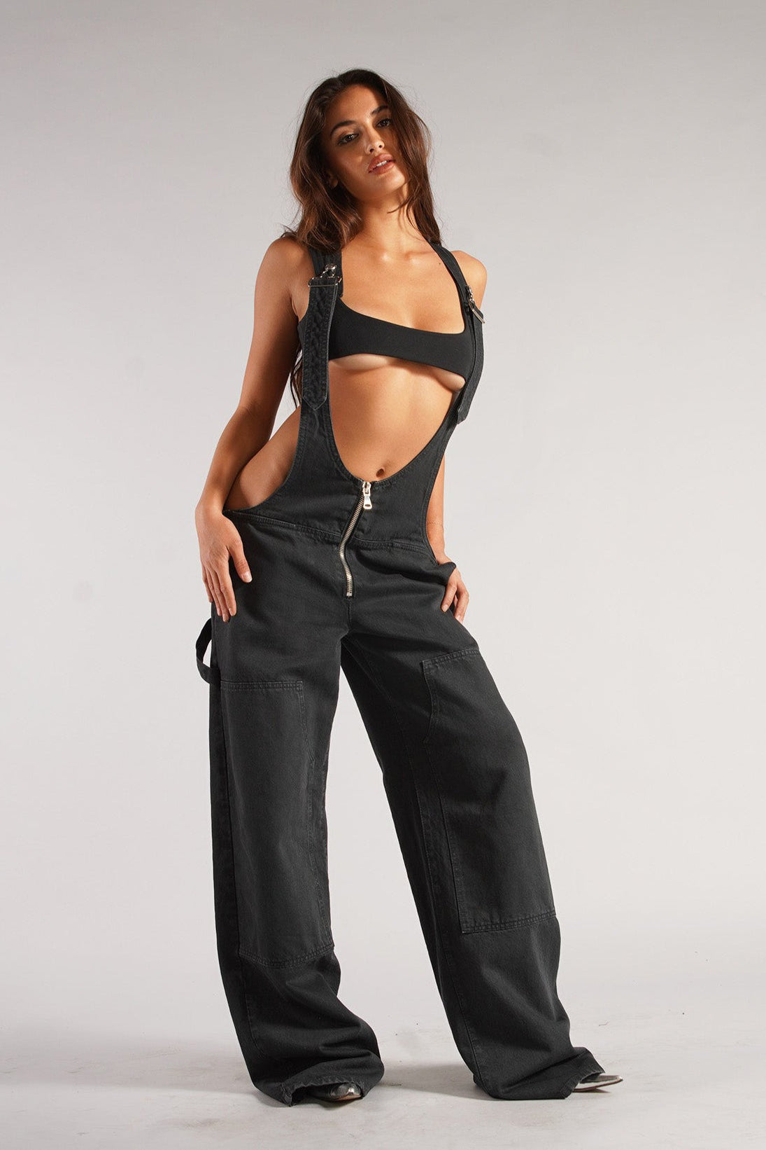 Street Style Low-Rise Suspender Wide-Leg Jeans