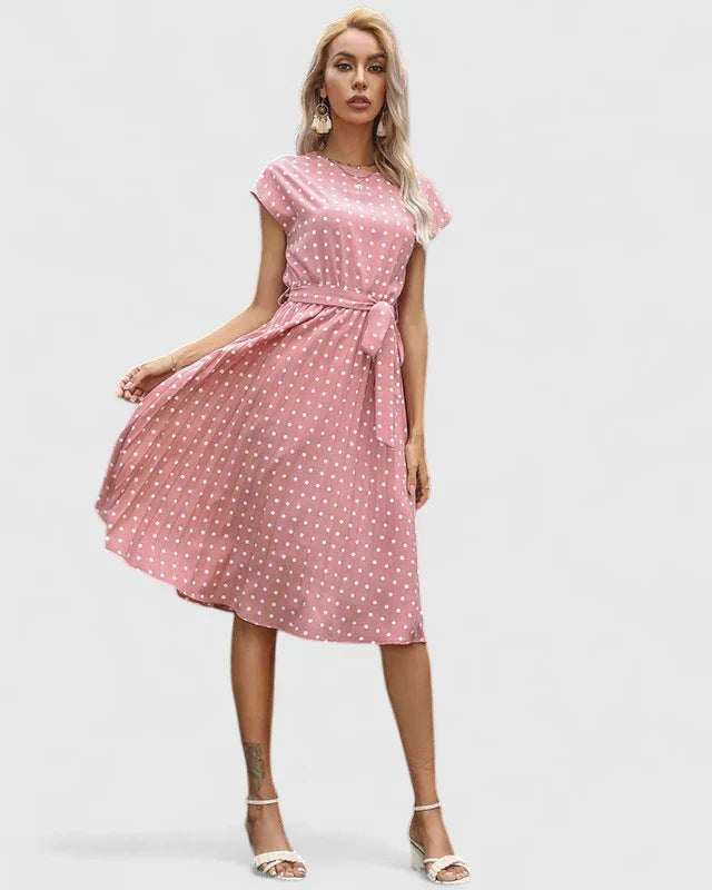 Round Neck Cap Sleeve Polka Dot Tie Waist Pleated Midi Dress 4