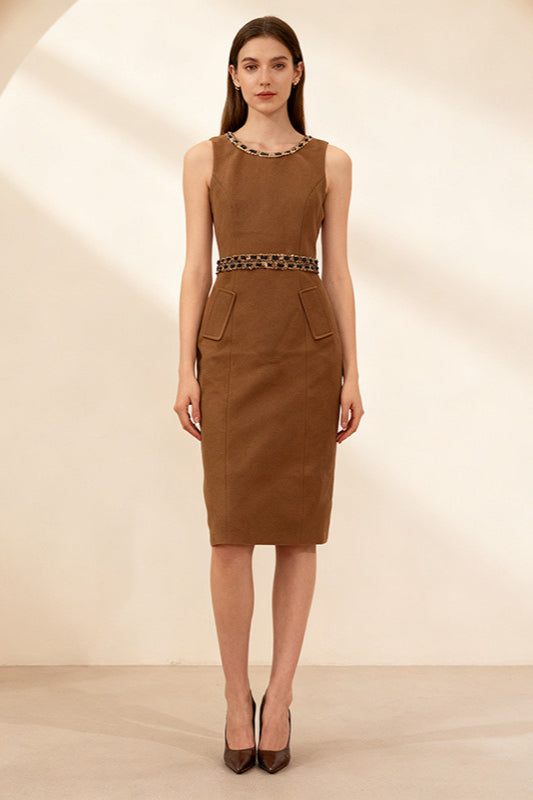 Brown Faux Fur Sleeveless Embellished Midi Dress 3