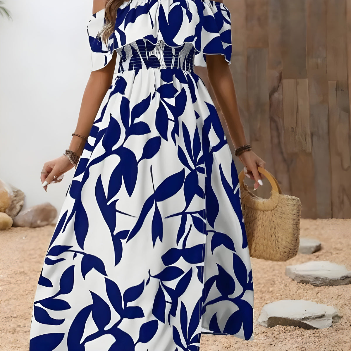 Off-Shoulder Ruffle Leaf Print Smocked High Slit Maxi Dress 5