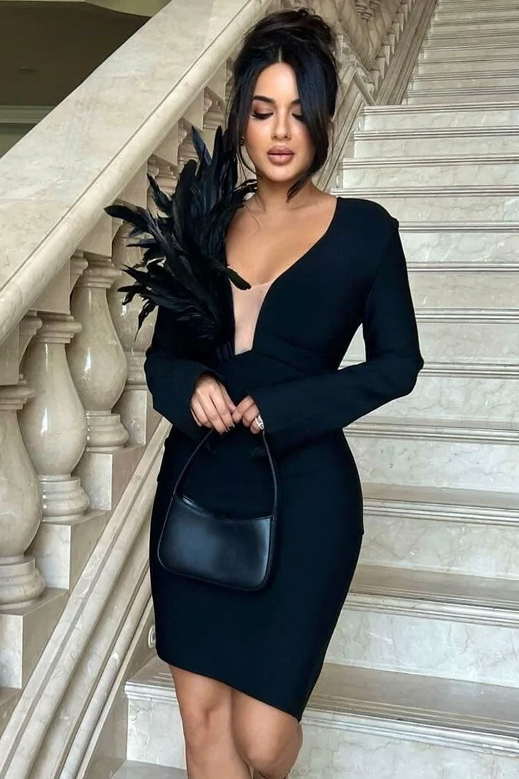 Black Deep V-Neck Feather Trim Long Sleeve Bodycon Mini Dress 2