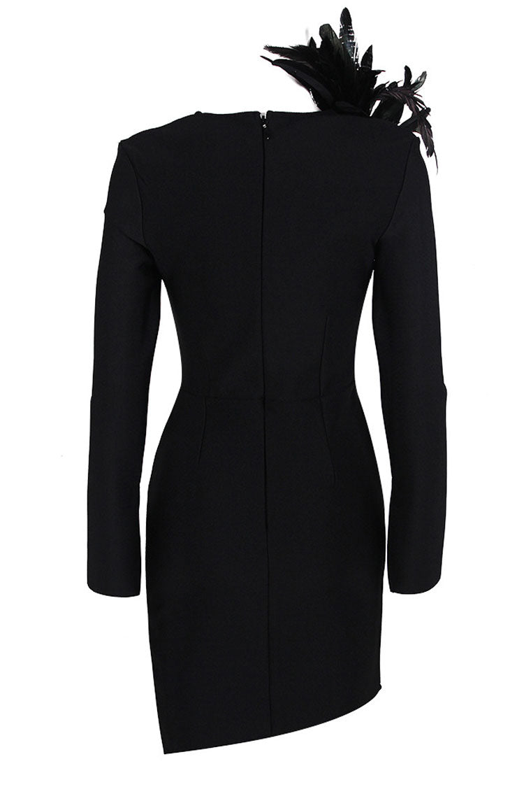Black Deep V-Neck Feather Trim Long Sleeve Bodycon Mini Dress 4