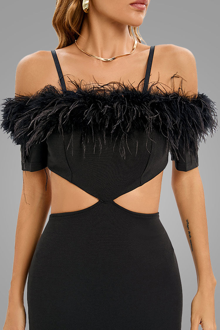 Black Feather Trim Off-Shoulder Waist Cutout Bodycon Maxi Dress