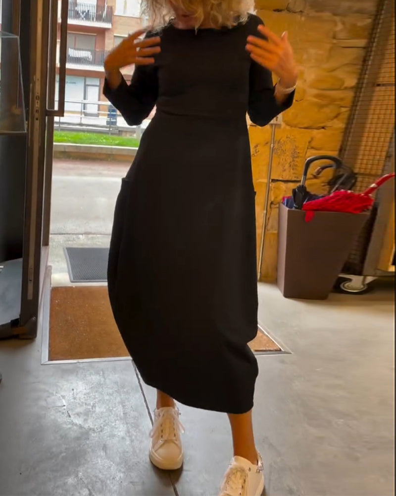 Round Neck Long Sleeve Pocket Cocoon Midi Dress