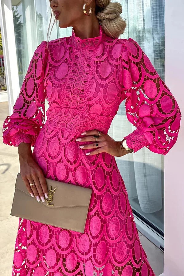Francisca Premium Romantic, Sensual and Party Midi Dress with Crochet Lace and Lantern Sleeves Chic Silhouette Collection