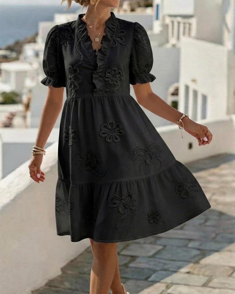 Ruffle V-Neck Floral Embroidered Puff Sleeve Tiered Mini Dress 4