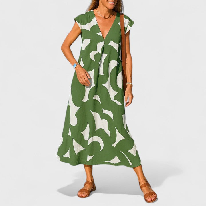 V-Neck Geometric Print Cap Sleeve A-Line Maxi Dress 5