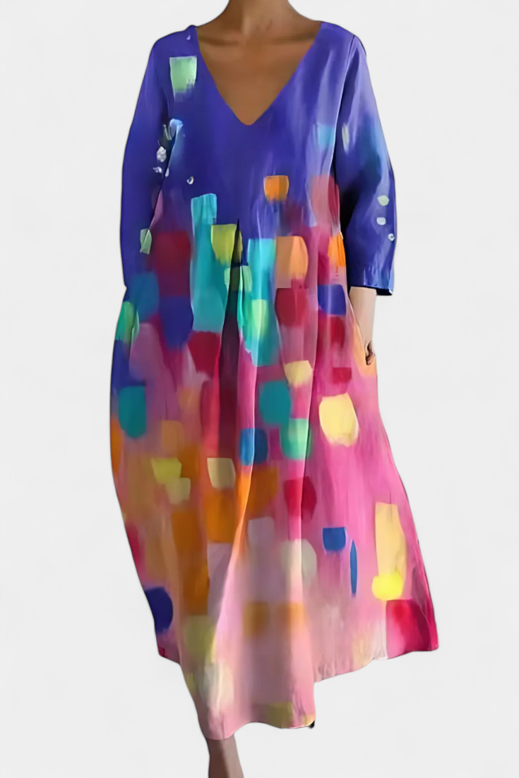 V-Neck Abstract Watercolor Print Pleated Pocket Cocoon Midi Dress 6