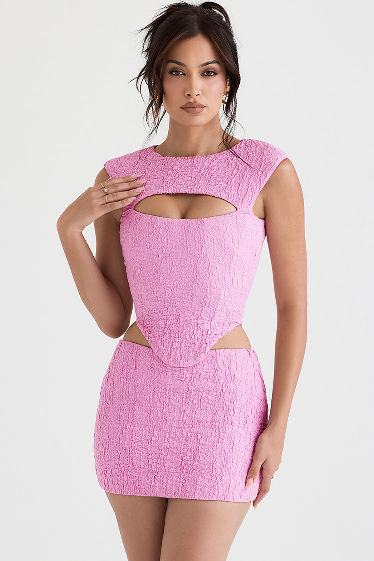 Pink Round Neck Crinkle Textured Cutout Bodycon Mini Dress