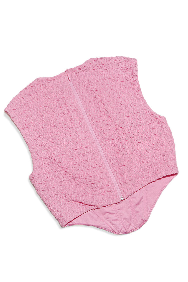 Pink Round Neck Crinkle Textured Cutout Bodycon Mini Dress