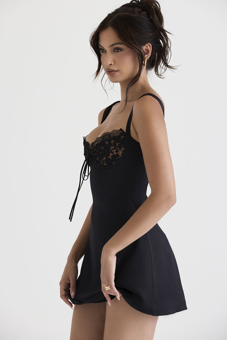 Black Lace Trim Sweetheart Tie Front Satin Bodycon Mini Dress
