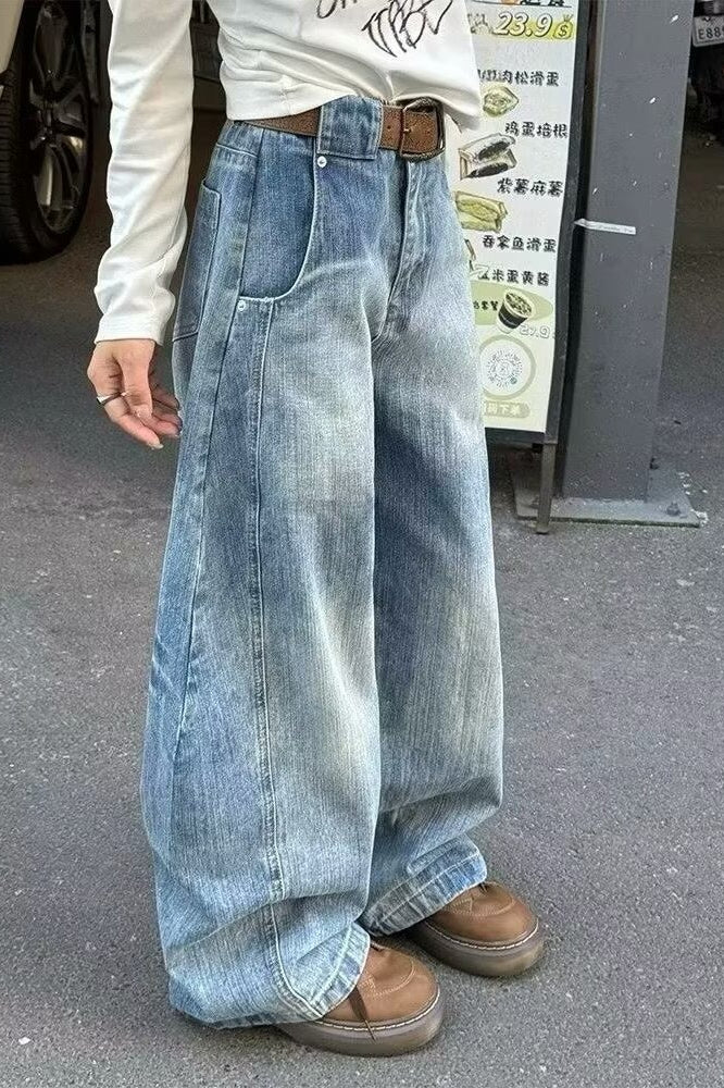 Curved Cut Wide Leg Distressed Jeans
