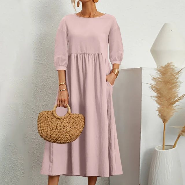 Round Neck Three Quarter Sleeve Babydoll Pocket Midi Dress 10