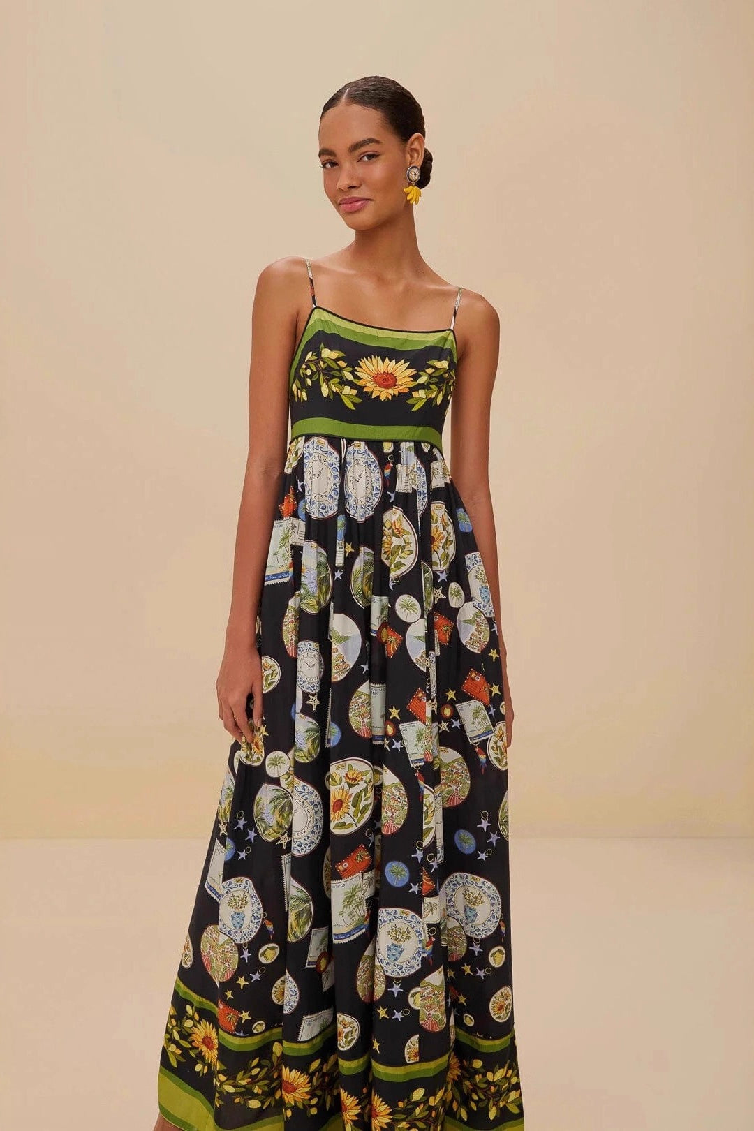Artistic Print Linen Midi Slip Dress