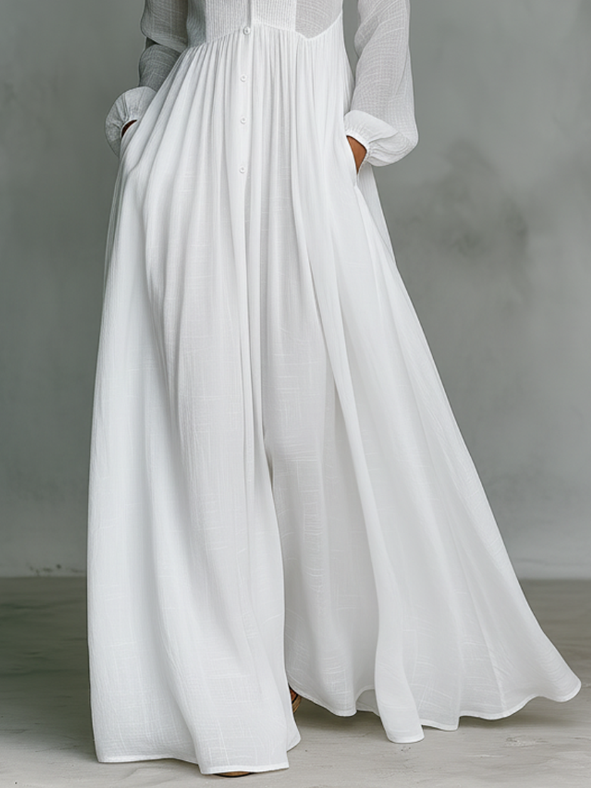 Stand Collar Button-Front Pintuck Long Sleeve Flowy Maxi Dress
