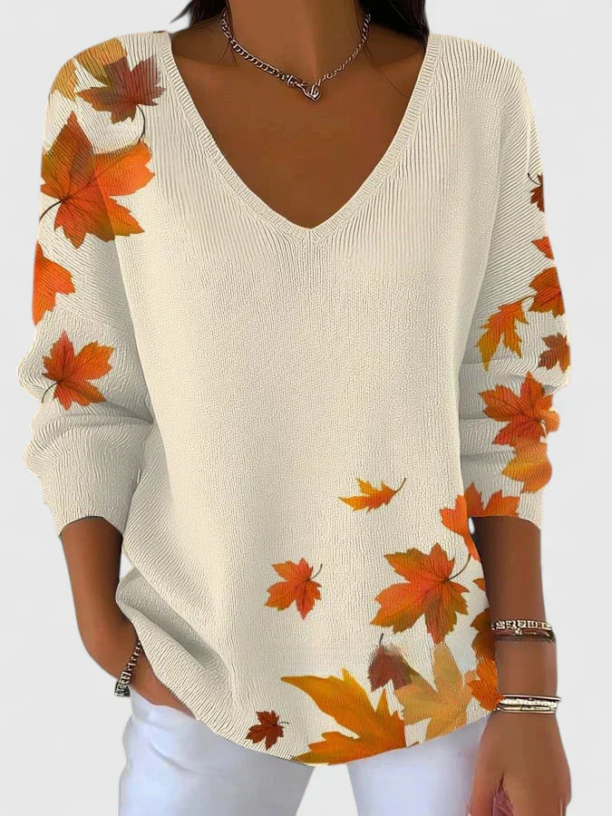 V-Neck Maple Leaf Print Long Sleeve Knit Sweater