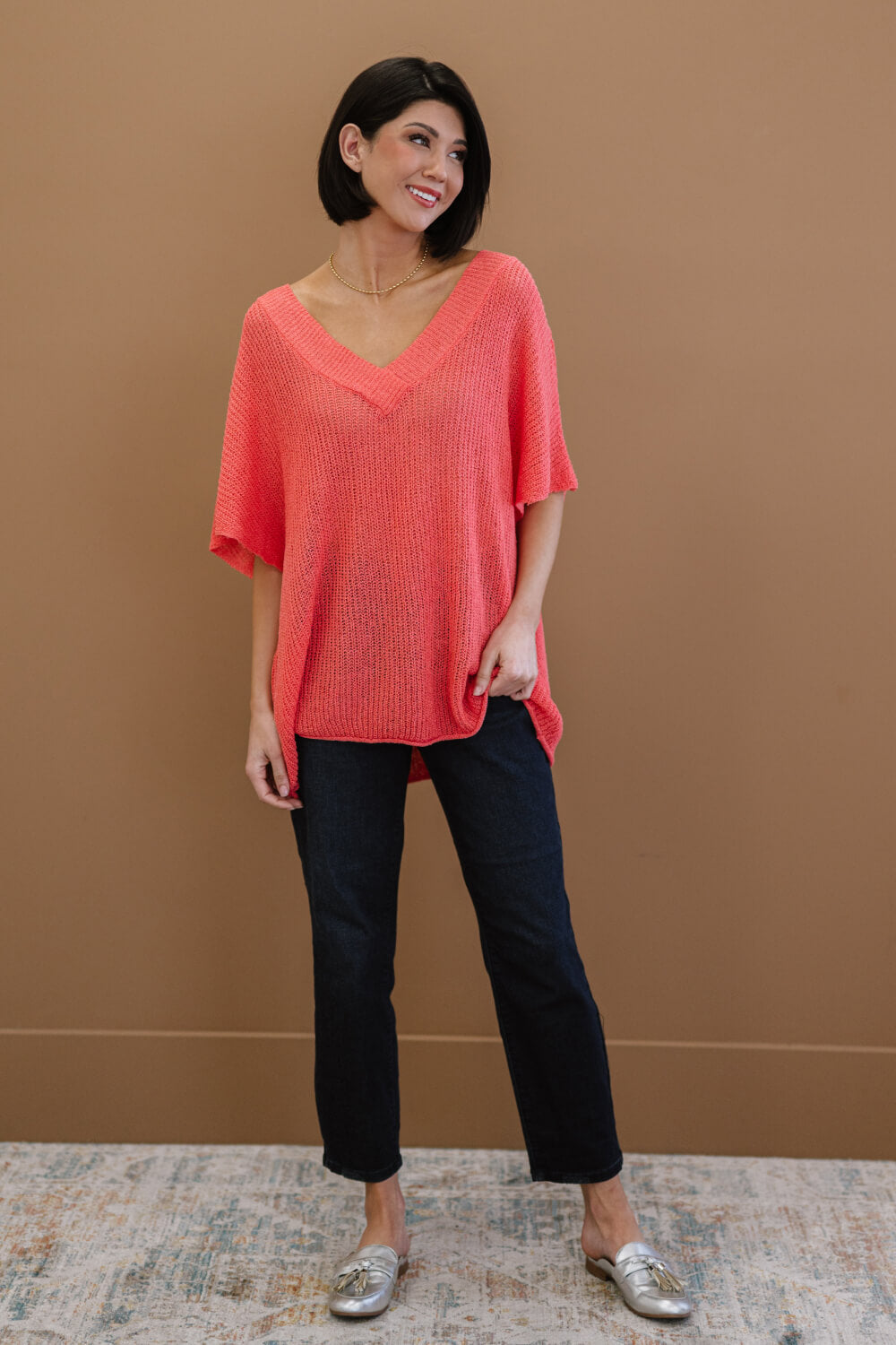 Deep Coral V-Neck Short Sleeve Openwork Loose Knit Sweater