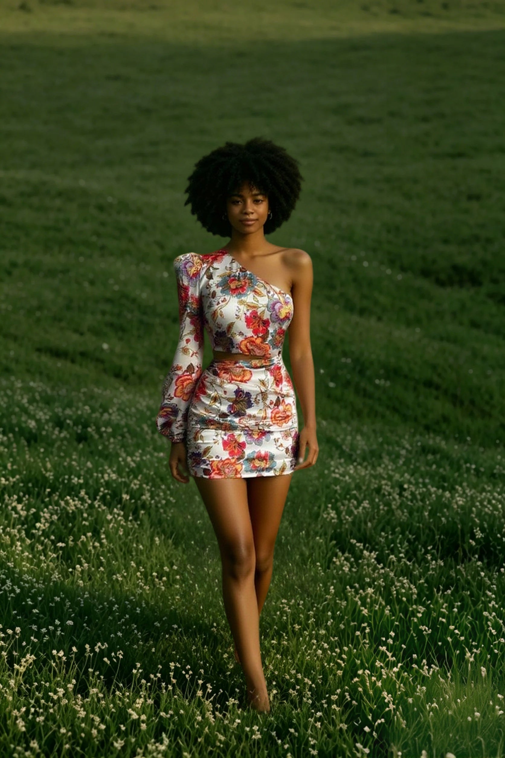 DressBetty - Women Fashion Floral Print Cutout Lantern Long Sleeve Dress