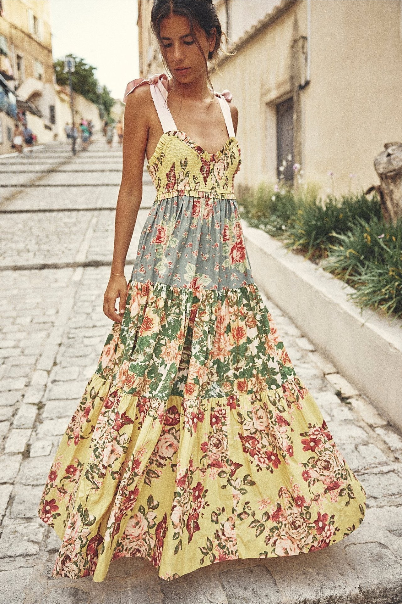 Smocked Sweetheart Bow Shoulder Strap Patchwork Floral Tiered Maxi Dress 9