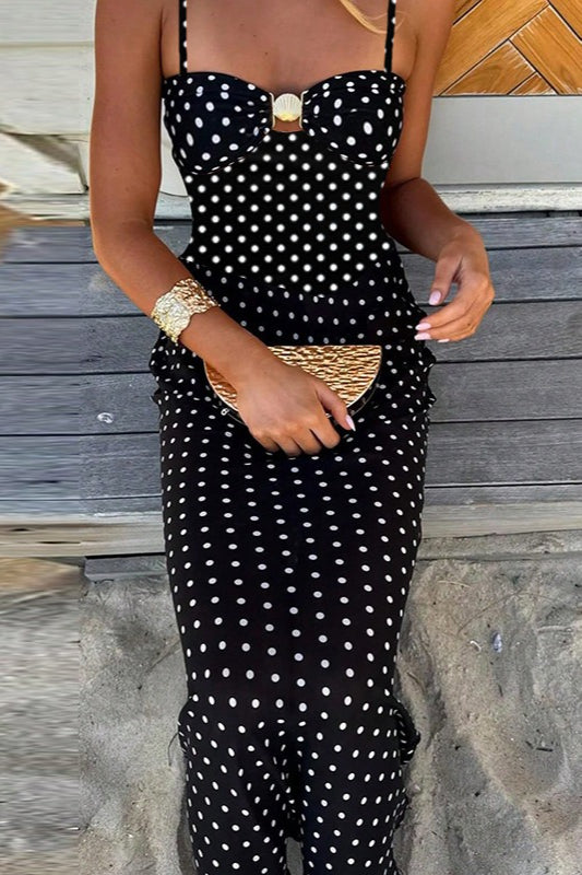 Black Polka Dot Lace Cami Backless Maxi Dress 2