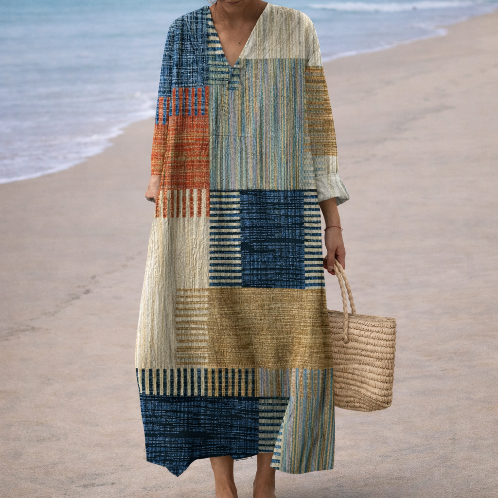 V-Neck Geometric Colorblock Long Sleeve Relaxed Maxi Dress